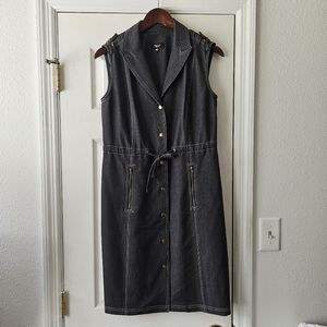 Premise dark indigo sleeveless dress size 6 snap front drawstring waist V neck